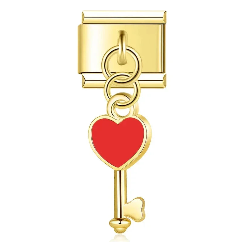 Red Heart Key - Gold Pendant Charm