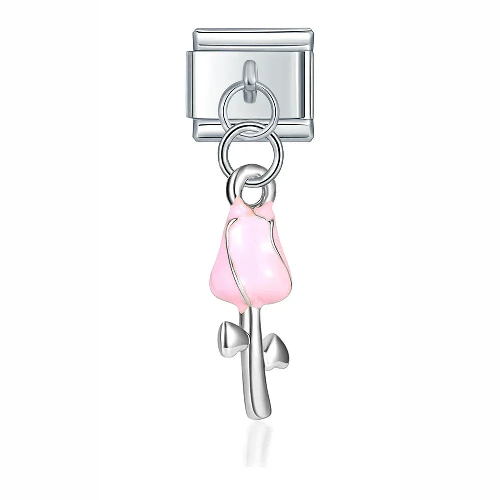 Soft Pink Tulip Flower Charm - Silver Pendant Charm