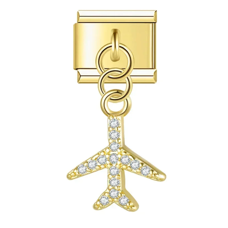 Airplane with CZ - Gold Pendant Charm