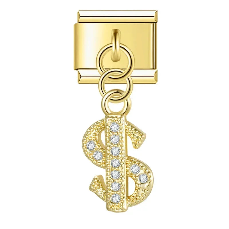 Sparkling Dollar with CZ - Gold Pendant Charm