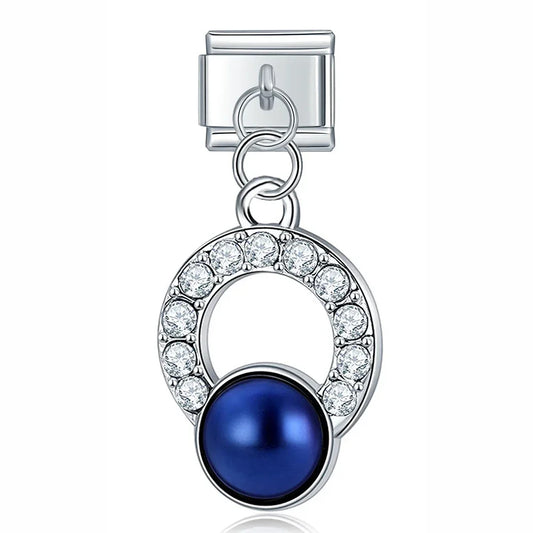 Circle of Stones and Dark Blue Pearl - Silver Pendant Charm