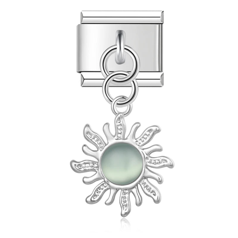 Silver Sun with Mint Resin Gem - Silver Pendant Charm