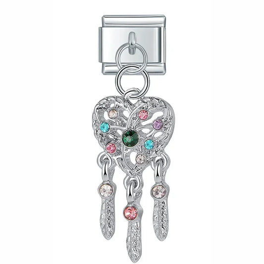 Heart Dream Catcher with Sparkling Stones - Silver Pendant Charm