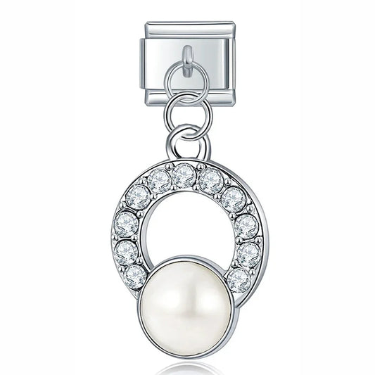 Circle of Stones and White Pearl - Silver Pendant Charm