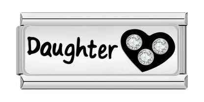 Daughter with CZ Heart- Silver Bar Charm