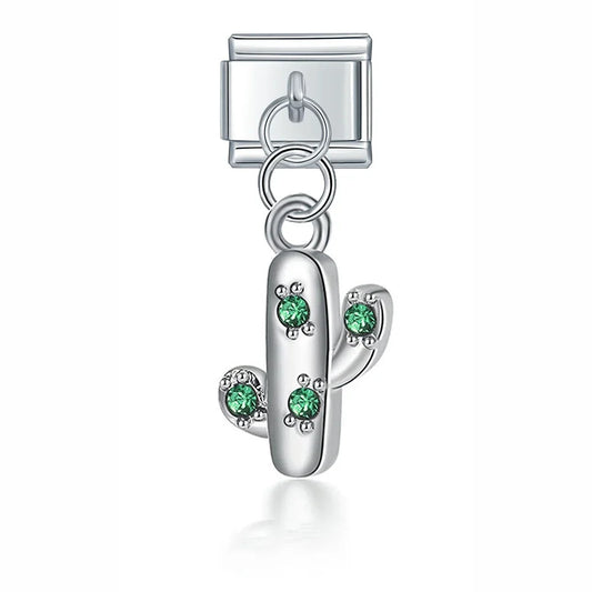 Spiky Cactus with Green Stones - Silver Pendant Charm