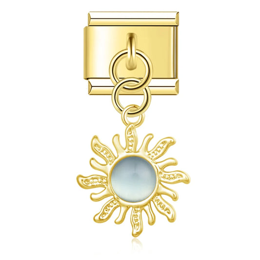 Golden Sun with Sky Blue Resin Gem - Gold Pendant Charm