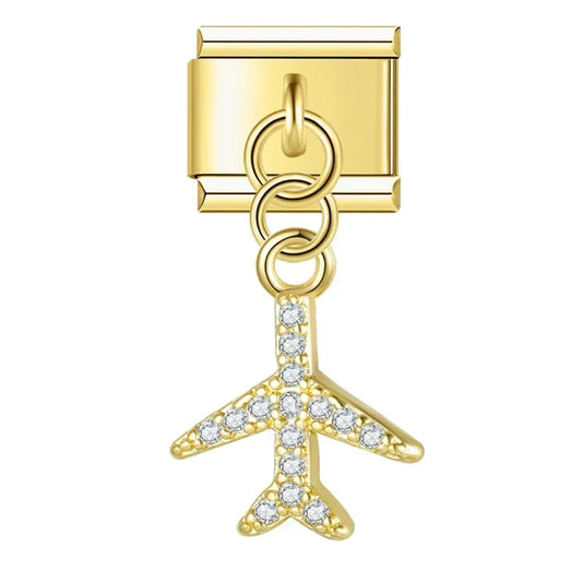 Airplane with CZ - Gold Pendant Charm