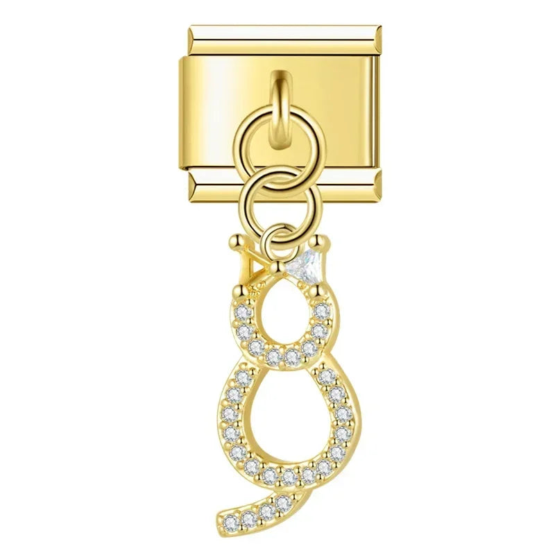 Curvy Cat with CZ - Gold Pendant Charm