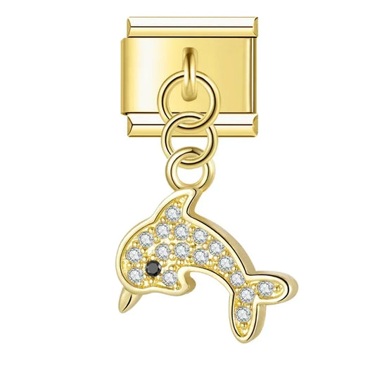 Dolphin with CZ - Gold Pendant Charm
