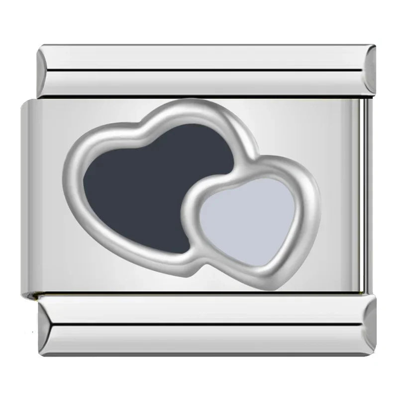 Black and White Double Heart - Silver Charm