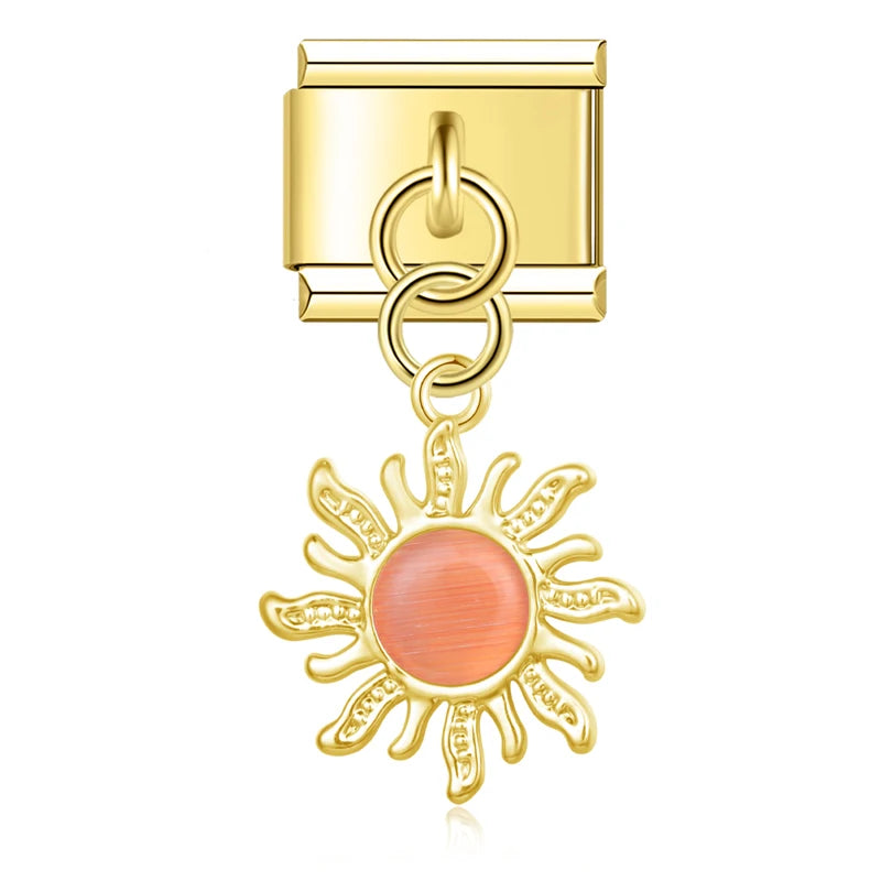 Golden Sun with Peach Resin Gem - Gold Pendant Charm