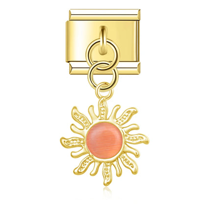 Golden Sun with Peach Resin Gem - Gold Pendant Charm