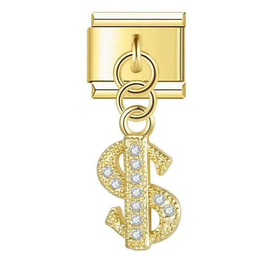 Sparkling Dollar with CZ - Gold Pendant Charm