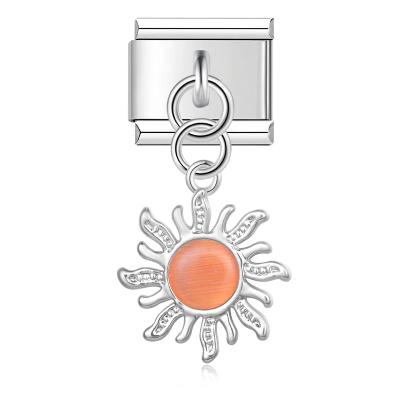 Silver Sun with Peach Resin Gem - Silver Pendant Charm